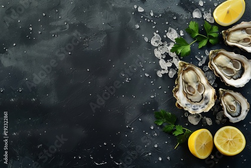 Fresh oysters with lemon on dark background photo
