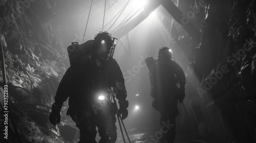 Through the mist the miners silhouette is ly visible clad in all black and adorned with gothic jewelry that glimmers like stolen treasure. .