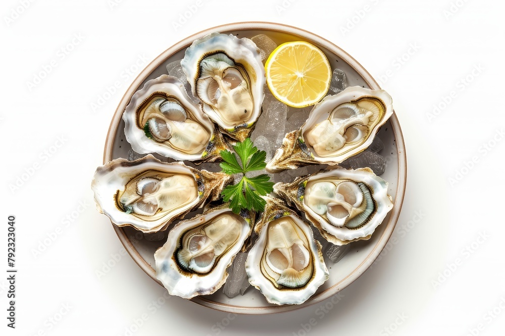Fresh raw oysters on white background viewed from above Fresh raw oysters on white background viewed from above