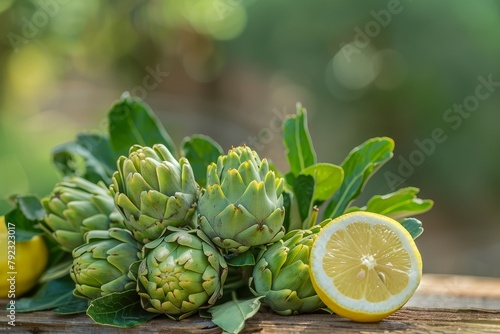 Fresh raw green artichokes from Argolida Greece ready to cook with lemon photo
