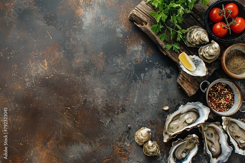 Fresh raw oysters and mussels on rustic table with copy space