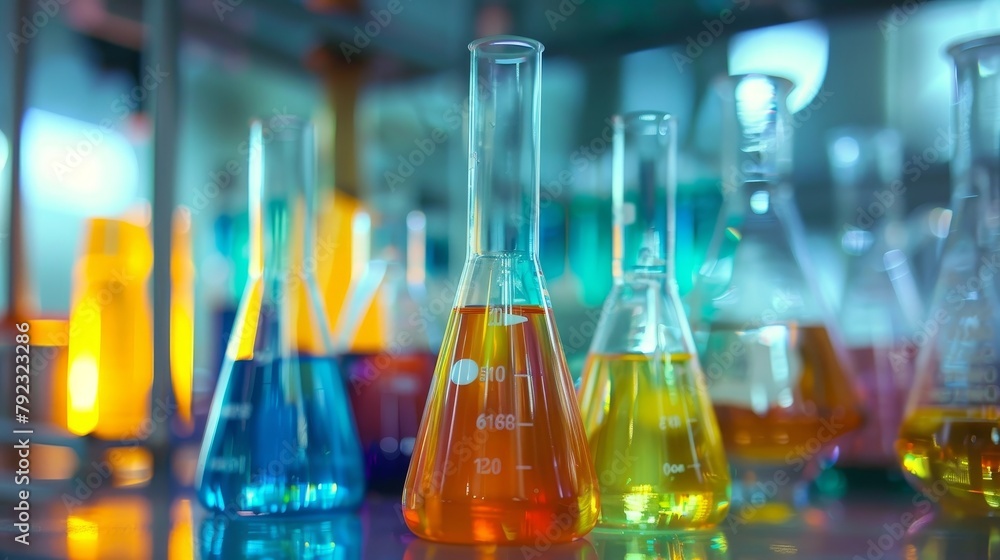An Erlenmeyer Conical Flask With Solution In A Chemistry Laboratory. An Erlenmeyer Conical Flask With Solution In A Chemistry Laboratory.
