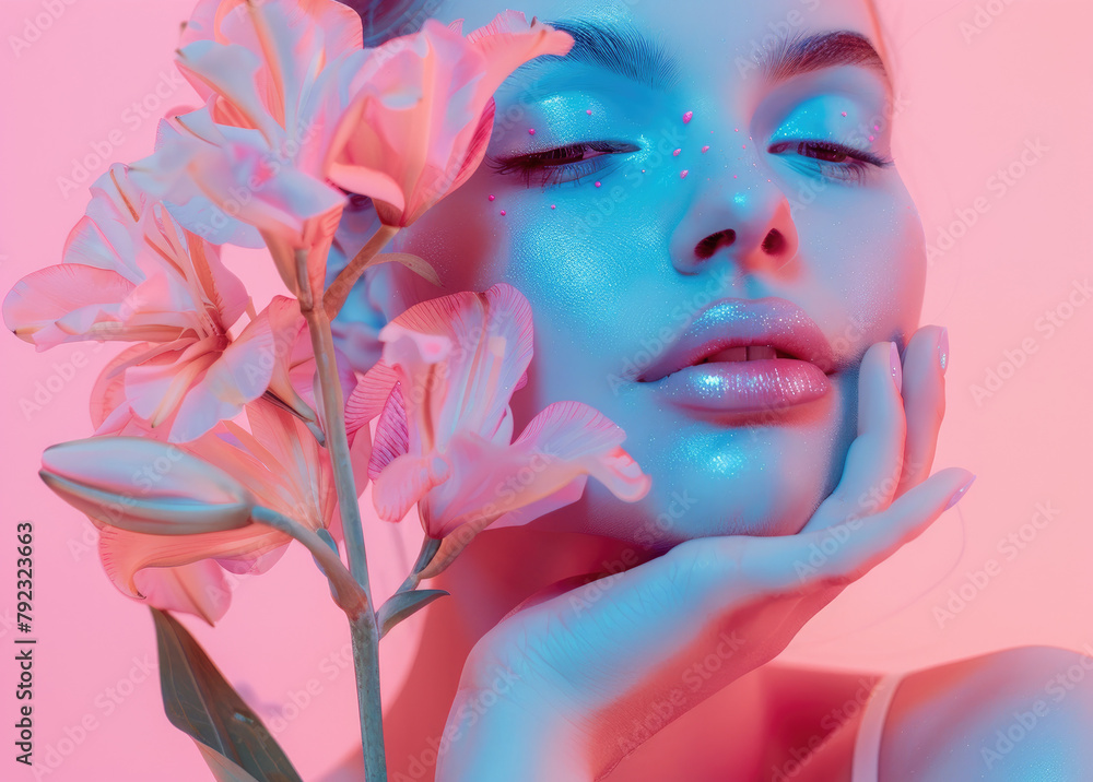 A beautiful woman with blue painted hands against a pink background with light purple hydrangea in her hair. Blue eyeshadow and lipstick are worn along with blue eyeliner around her eyes