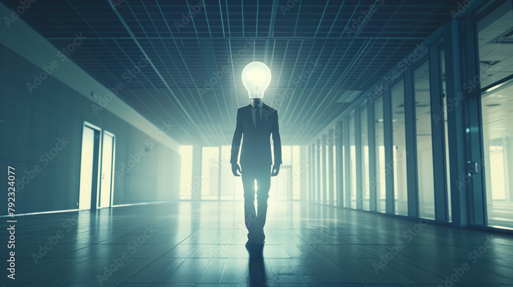 Idea in action: businessperson with light bulb head concept Idea in action: businessperson with light bulb head concept