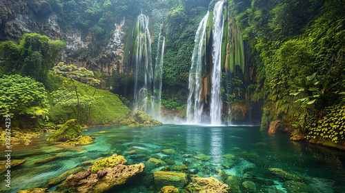 The grandeur of a cascading waterfall hidden in a tropical rainforest. 32k  full ultra hd  high resolution