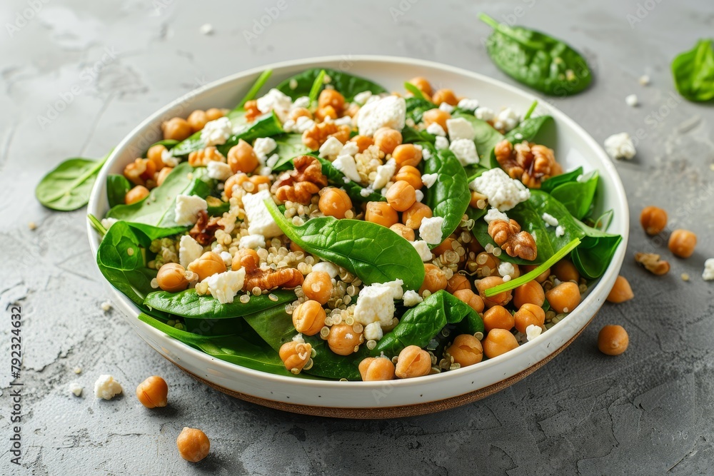 Fresh spinach salad with chickpeas quinoa feta walnuts on white plate Focus on food
