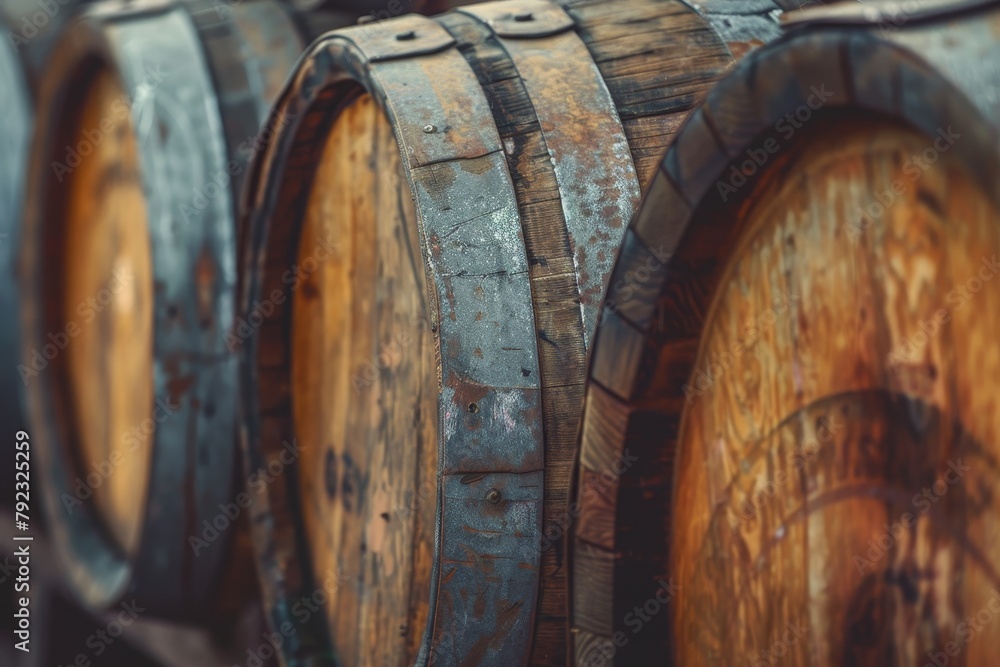 German winery with stacked wine barrels and old whisky cask German winery with stacked wine barrels and old whisky cask