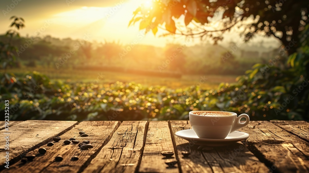 Coffee Oasis. Immerse yourself in the calming ambiance of a wood table, set against a captivating coffee field background. A moment of stillness. copy space for text.