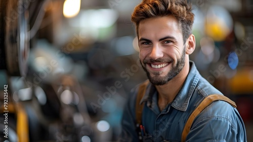 Portrait of a Happy Male Auto Mechanic in Uniform at a Car Repair Shop. Concept Car Repair Shop, Auto Mechanic, Male Portrait, Uniform, Happy