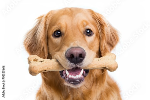 Golden Retriever holding bone on white background photo