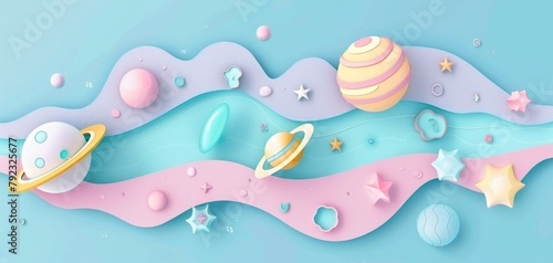 Colorful Paper Crafted Space Scene with Pastel Planets.