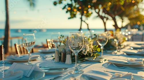 Decorated table reception at beach resort  Dinner  Wedding  Party  Honeymoon. copy space for text.