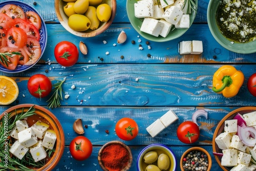 Greek cuisine spread on blue wood surface Overhead shot photo