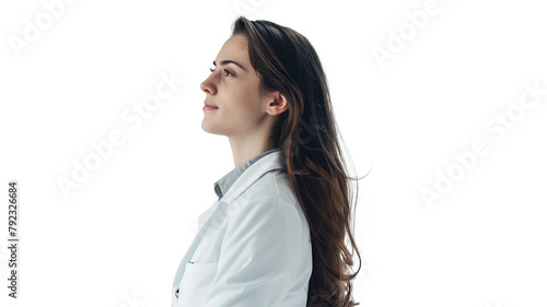 A woman in a white coat standing isolated on a transparent background