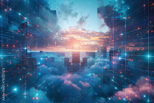 Cloud cities interconnected by secure bridges of data each structure an epitome of robust scalable and secure architecture photo