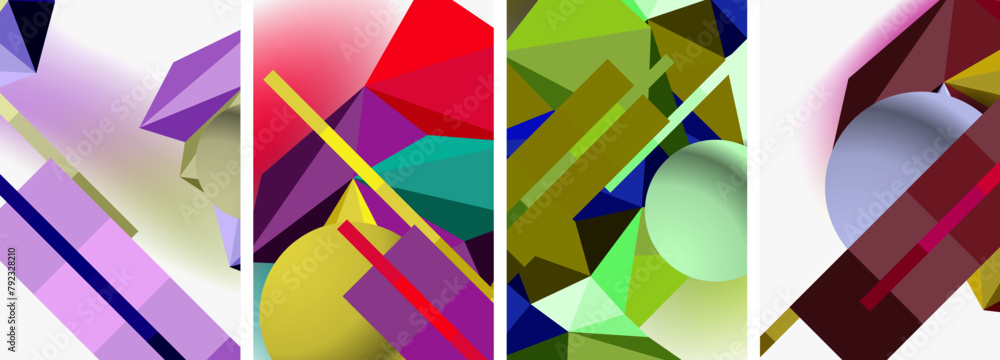 A vibrant art piece featuring a variety of shapes such as purple triangles, magenta rectangles, and electric blue patterns on a white background