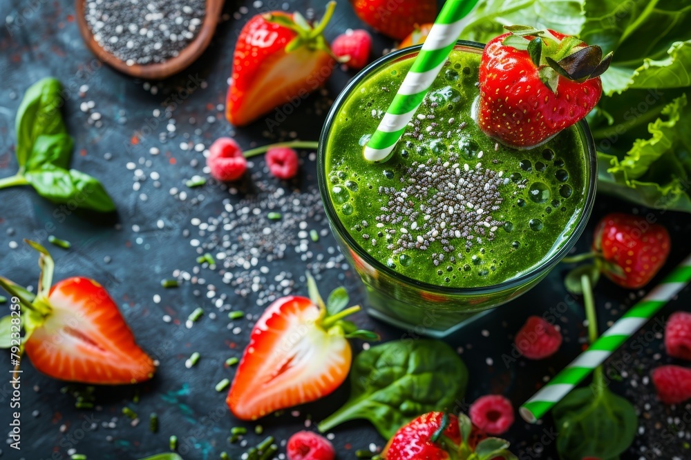 Green smoothie with fruits vegetables chia seeds strawberry garnish and green straw Green smoothie with fruits vegetables chia seeds strawberry garnish and green straw