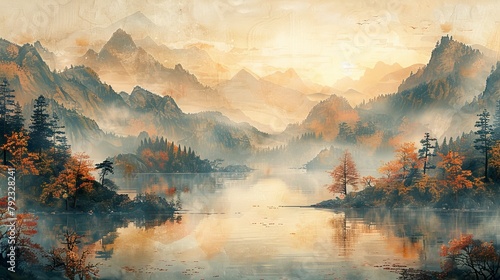 The abstract artistic background is hand-painted, Chinese style, artistic conception landscape painting, golden texture. Ink landscape painting. Modern Art. Prints, wallpapers, posters, murals, photo