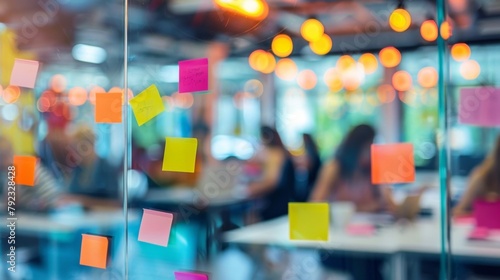 The blurred background of a busy training room captures the dynamic energy of a group actively learning and collaborating with colorful postit notes and flip charts tered throughout .