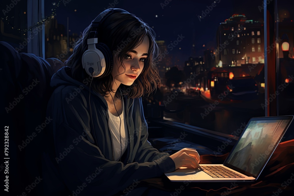 A Young woman sitting with headphones on sofa using laptop at night A Young woman sitting with headphones on sofa using laptop at night