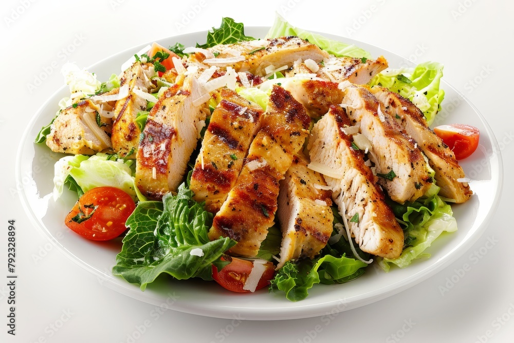 Grilled chicken Caesar salad on light surface