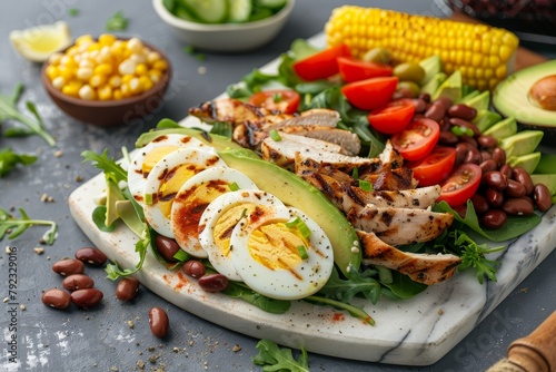 Grilled chicken cobb salad with avocado and vegetables on marble board photo