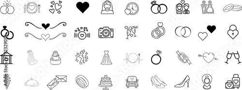 Wedding love vector icon set. Black line art of rings, hearts, cake, flowers, camera on white background. Perfect for invitations, greeting cards, web design © Arafat
