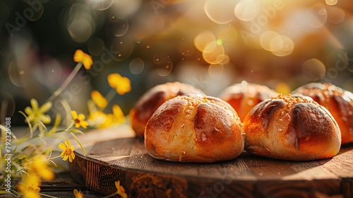 Sweet buns with raisins on a wooden table. Bokeh background.