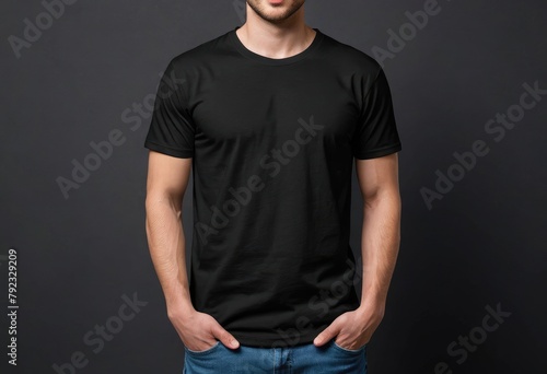 Design a sleek mockup of a black T-shirt, emphasizing simplicity and boldness in its presentation photo