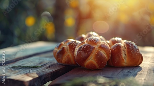 Sweet buns on a wooden table in the garden in the rays of the setting sun photo