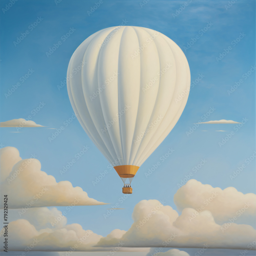 Obraz premium a nursery, story book illustration, painting of a hot air ballon in puffy clouds muted whites, blues, tans. social media post, art,