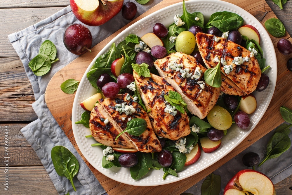 Grilled chicken salad with fruit and cheese on white plate on wooden table overhead view Grilled chicken salad with fruit and cheese on white plate on wooden table overhead view