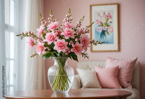 Interior adorned with elegant decorations  featuring a vase showcasing a stunning pink flower in full bloom