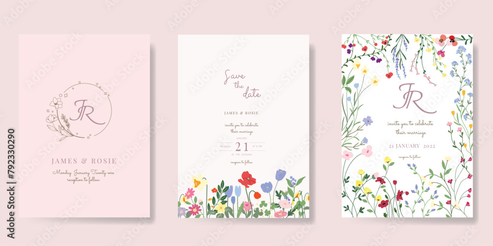 Minimal pink botanical Wedding Invitation, floral invite thank you, rsvp modern card Design in leaf and flower water color texture decorative Vector elegant rustic template