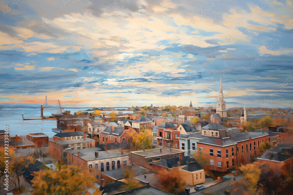 aerial seaside cityscape oil painting, artwork. aerial seaside cityscape oil painting, artwork.