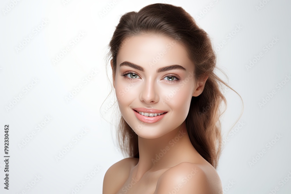 Beautiful face of young woman with perfect health skin, white background, happy Beautiful face of young woman with perfect health skin, white background, happy