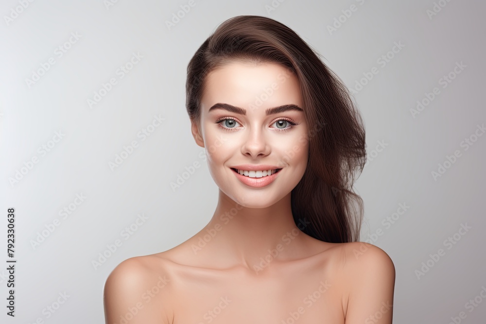 Beautiful face of young woman with perfect health skin, white background, happy Beautiful face of young woman with perfect health skin, white background, happy