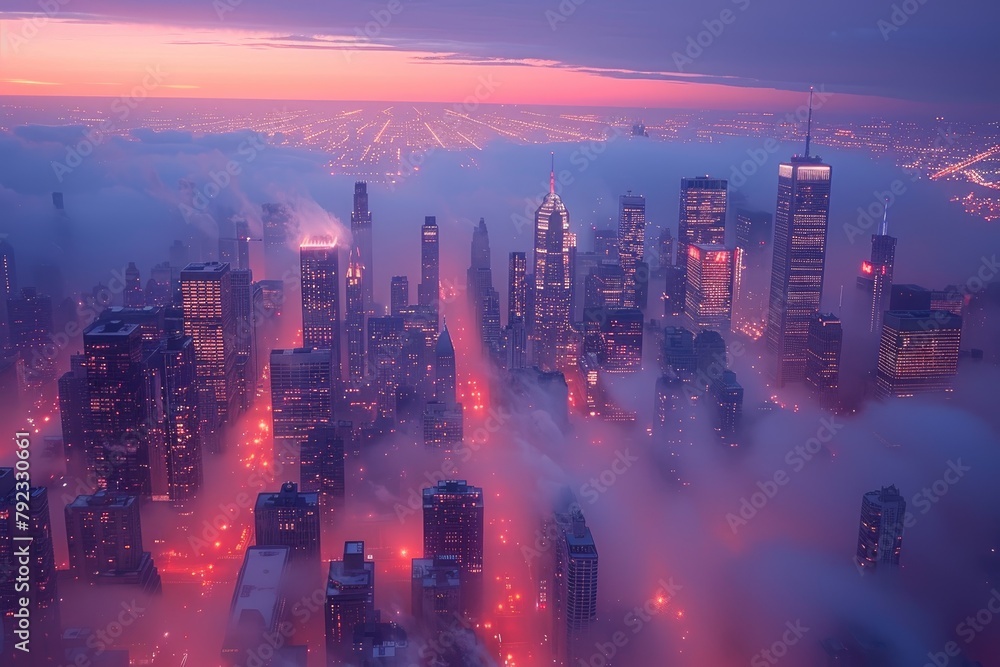A birds eye view of a fog-covered city at dawn, with skyscrapers piercing through the blanket of mist