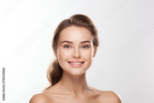Beautiful face of young woman with perfect health skin, white background, happy