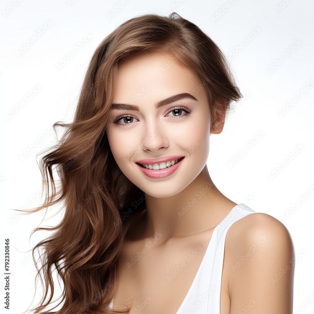 Beautiful face of young woman with perfect health skin, white background, happy Beautiful face of young woman with perfect health skin, white background, happy