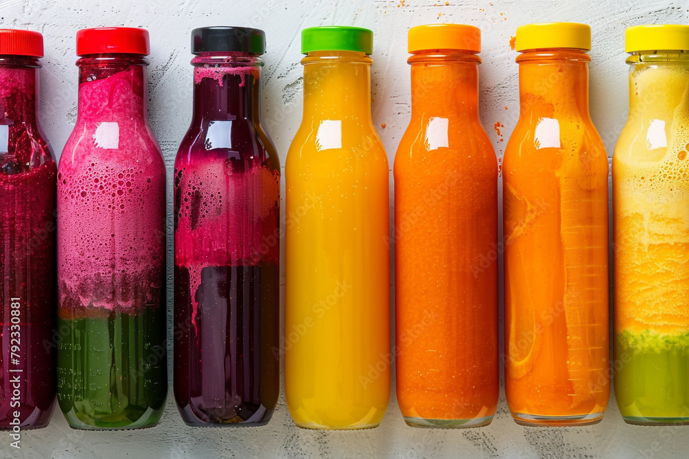 Cold-pressed organic juices in a variety of colors, neatly lined up, with ingredients like beetroot, carrot, and ginger visible Cold-pressed organic juices in a variety of colors, neatly lined up, with ingredients like beetroot, carrot, and ginger visible