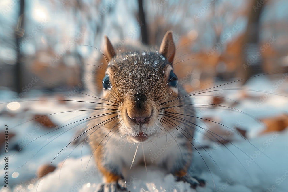 A close encounter with a curious squirrel, capturing its playful nature in a city park setting A close encounter with a curious squirrel, capturing its playful nature in a city park setting