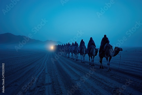A caravan of camels silhouetted against the vast, open desert at dusk photo