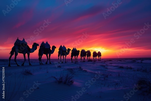 A caravan of camels silhouetted against the vast  open desert at dusk