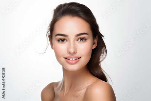 Beautiful face of young woman with perfect health skin, white background, happy
