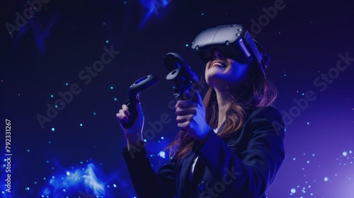 Business woman wearing VR headset device, woman enjoying metaverse, future technology concept © @_ greta