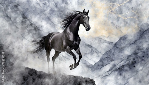 stylized horse silhouette on a gray marble background  with a geometric pattern overlay