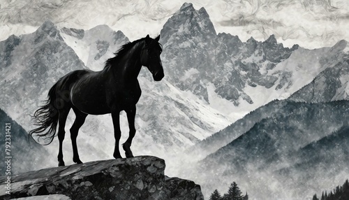 stylized horse silhouette on a gray marble background  with a geometric pattern overlay