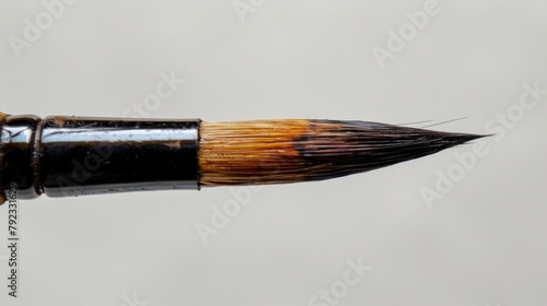 Closeup of a calligraphy brush its bristles perfectly shaped and splayed to create the desired effect with every stroke a testament to the skill and experience of its user. .