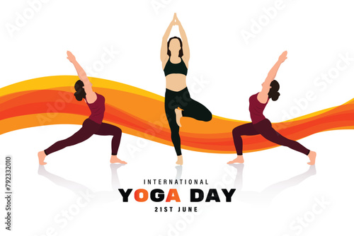 International yoga day wishing or gratings social media 21 June banner design with yoga pose and girls character posture vector illustration 